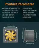 HONGUAN 10-inch attic exhaust fan technical specifications showing airflow capacity of 988 CFM, dimensions, power consumption, and motor speed.