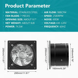 HONGUAN 10-inch exhaust fan with detailed specifications showing power, airflow, and metal construction features for window ventilation.