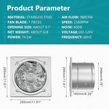 Specifications of HONGUAN 10-inch garage vent fan, including 988 CFM airflow, backdraft damper, 8-foot power cord, and energy-efficient operation.