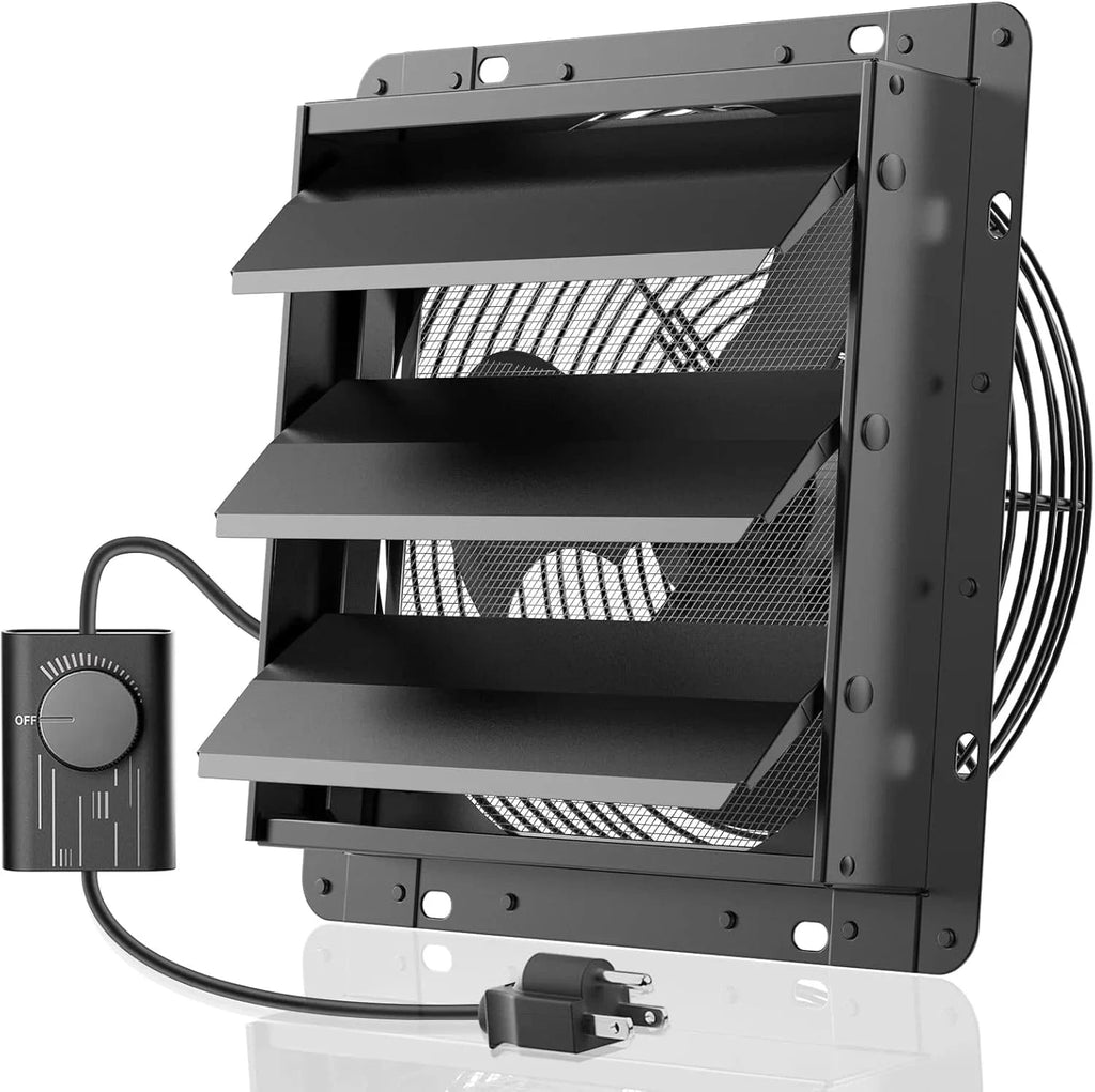 HONGUAN 10-inch exhaust fan with shutter and speed controller, 647 CFM airflow, for ventilation in garages, sheds, and greenhouses.
