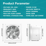 Technical specifications of HONGUAN 8-inch bathroom exhaust fan, including 576 CFM airflow, adjustable speed control, and durable stainless steel construction.