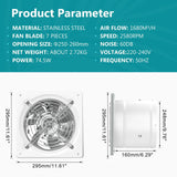 Detailed technical specifications and dimensions of HONGUAN 10-inch garage exhaust fan, including 988 CFM airflow capacity, 250 mm diameter, and compact design for wall or window installation.