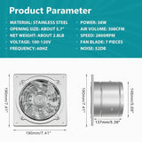 Detailed dimensions of HONGUAN 6-inch exhaust fan, including 308 CFM airflow, 38W power consumption, and compact size for easy installation.