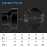 HONGUAN 6 to 4 duct reducer size diagram showing detailed measurements of the 6-inch female spigot and 4-inch male spigot for accurate HVAC installation.