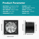 Dimensions of HONGUAN 8-inch window exhaust fan, showcasing its size and installation compatibility for various spaces.