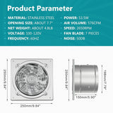 Specifications of HONGUAN 8-inch bathroom exhaust fan, featuring 576 CFM airflow, 53.5W power consumption, and stainless steel construction.