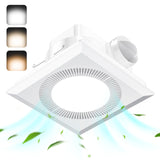 Quiet bathroom exhaust fan with adjustable LED light, 110 CFM, and 3 color options (3000K/4500K/6500K).