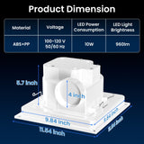 Dimensions and specifications diagram for HONGUAN bathroom exhaust fan with adjustable LED light, showcasing airflow, motor speed, and panel sizes.