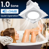 Ultra-quiet operation of the bathroom exhaust fan, operating at 1.0 Sones with 110 CFM airflow, ensuring effective moisture removal without noise.