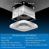 Detailed product parameters of the HONGUAN bathroom exhaust fan with light, including 111 CFM airflow, 900 LM LED light, 45 Watts power consumption, and 1.5 sones noise level.