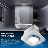 Bathroom exhaust fan with high airflow of 111 CFM, efficiently ventilating rooms up to 100 sq ft while maintaining quiet operation.