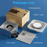 Package contents of the bathroom exhaust fan with light: includes 1 exhaust fan cover, 1 LED light, wood screws, paperboard and packaging box for easy setup.