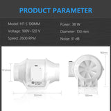 Detailed technical specifications of the HONGUAN 4 Inch Duct Fan, including airflow capacity, motor speed, power consumption, and dimensions for optimized performance.