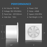 Dimensions chart of 6-inch exhaust fan with specifications showing size and airflow for optimal installation.