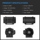 Detailed technical specifications of the HONGUAN 8-inch inline duct fan, including airflow, motor speed, and energy efficiency.