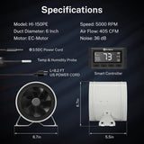 Detailed dimensions and specifications of the HONGUAN 6-Inch Inline Duct Fan, showcasing airflow, noise levels, energy efficiency, and smart control features.