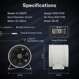 Detailed dimensions and specifications of the HONGUAN 8-inch inline duct fan, highlighting its design and airflow capacity.