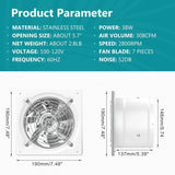 Detailed specifications of HONGUAN 6-inch exhaust fan, including 308 CFM airflow, 38W power, and durable baking varnish construction.