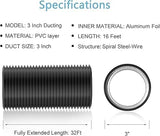 Flexible Air Duct Hose dimensions – 3 Inch diameter, 16 FT length, reinforced steel wire for durability