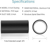 Dimensions of HONGUAN 6 Inch Insulated Flexible Duct – 6-inch diameter, 8FT length, flexible and easy to install