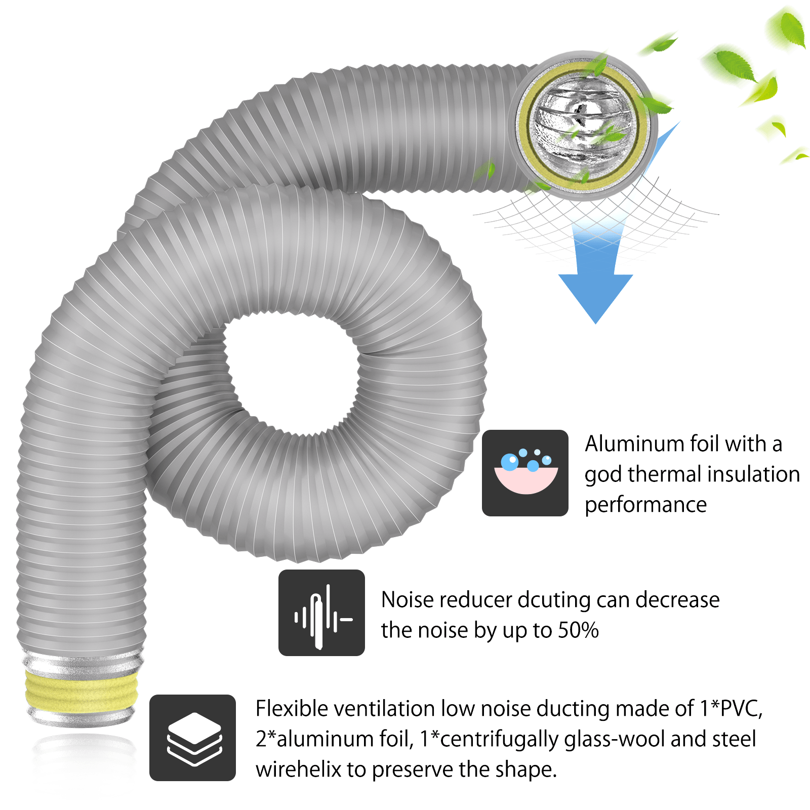 Insulated Flexible Duct Gray Aluminum Foil Noise Reducing Ducting