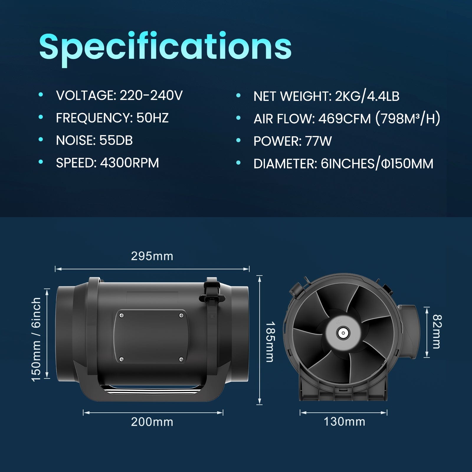 6 Inch Inline Duct Fan with Variable Speed Controller 469 CFM