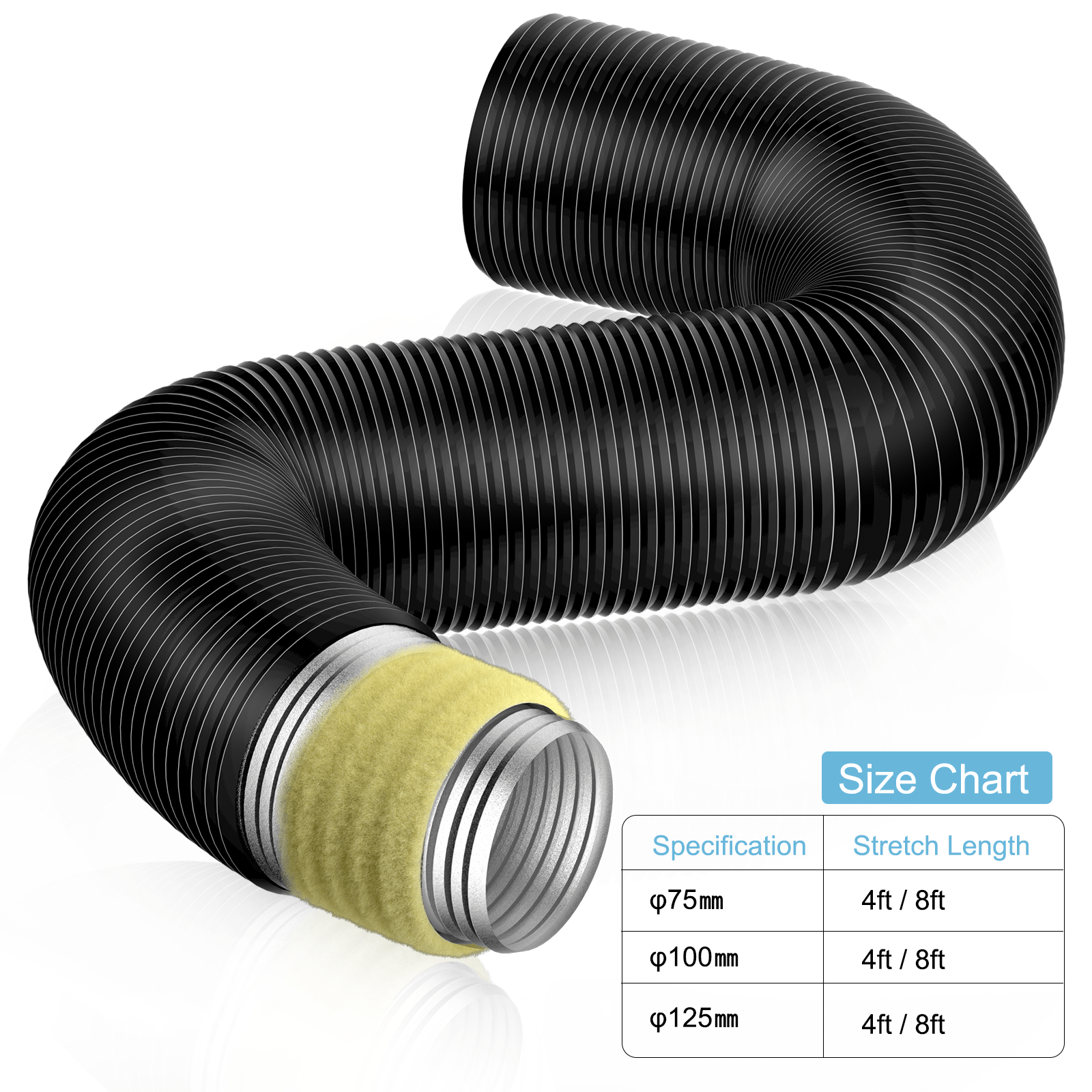 Insulated Flexible Duct Black Aluminum Foil Noise Reducing Ducting