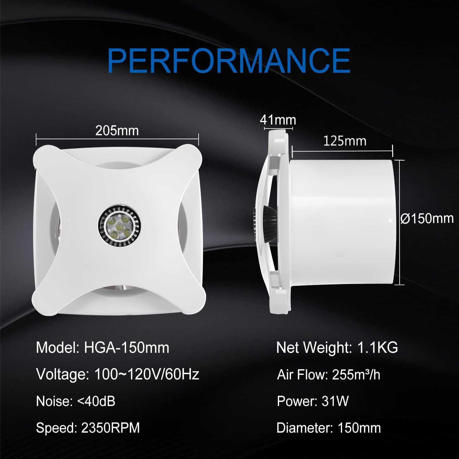 Hon&Guan 6 Inch Axial Wall Exhaust Fan 116 CFM 110V with Led Light B-Type